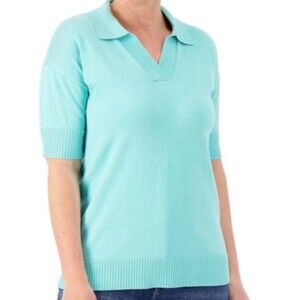 Denim & Co Aqua Cotton Blend Drop Shoulder Elbow Sleeve Collared Sweater Size XS